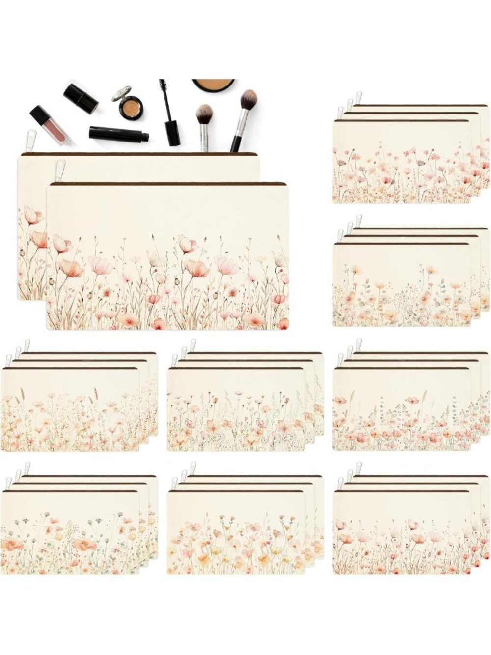 24 Floral Makeup Bags Set - Aesthetic Canvas Travel Pouches for Cosmetics